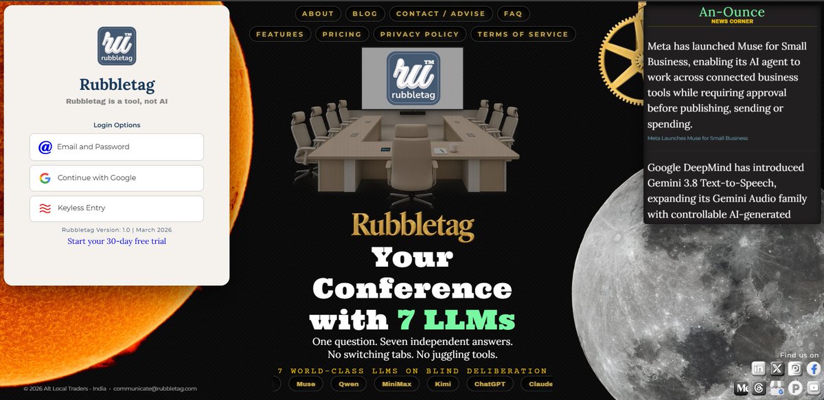 rubbletag's tweet photo. https://t.co/rDTTc9fOLN
Rubbletag is now live.
Why ask one LLM when you can bring seven into the same conference?
Rubbletag brings leading language models together in one structured conference. Ask once, and every selected model receives the same question and responds independently, without seeing what the others have said.
No influence. No echo. No herd behaviour. We call it the Blind Deliberation.
Follow the conversation naturally in Full View, or bring every perspective together in Grid View. Compare answers, spot consensus, examine disagreement, and decide for yourself.
Bring documents and images into the conference. Address an individual model with the @mention feature. Create focused summaries, keep notes, plan follow-ups, capture screenshots, and preserve every conference as a text file on your own computer.
Rubbletag is a tool, not AI. It hosts, arranges, and delivers the conference. You are the Chairperson.
Your 7-LLM Conference is now open.
Start your 30-day free trial. No payment details required.
https://t.co/rDTTc9fOLN
https://t.co/i9yjysIeZE
#Rubbletag #LLM #MultiLLM #ArtificialIntelligence #AITools #SaaS #AI @NASIRCISSISTIC