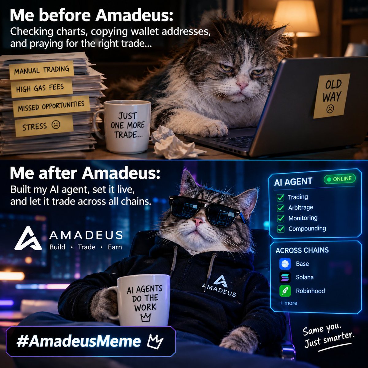 IBRAHIM21620's tweet photo. Before Amadeus: Stress, gas fees, and missed opportunities.
After Amadeus: Build your AI agent, put it to work, and let it handle the grind!. The future belongs to those who build smarter, not harder. Welcome to the Realm of Amadeus!
#AmadeusMeme 🔥 https://t.co/zDZjaFD1oT