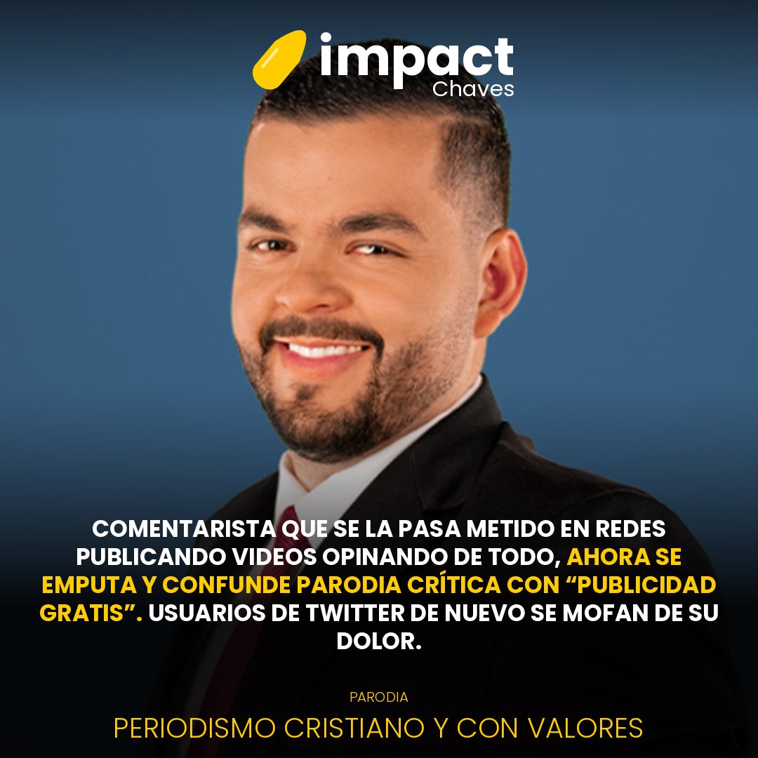 Janekeithduran's tweet photo. #ImpactChaves Jonathan Villarreal respondió a Impact Chaves que le provoca “desesperación” su alcance y agradeció la “publicidad gratis”. Una parodia crítica, para él, es publicidad. Opinar de todo en redes todo el día, en cambio, es periodismo. https://t.co/tESQ72lhea