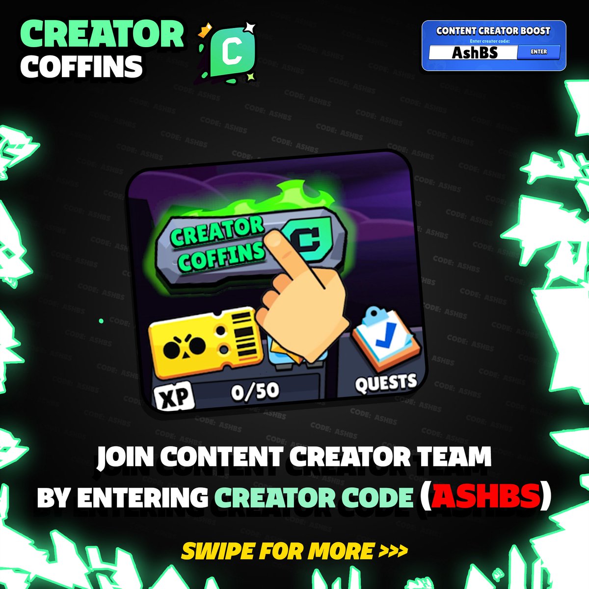 AshClashYT's tweet photo. All daily rewards for the new #CreatorCoffins Event coming on October 26th! Join team ASHBS if you want guaranteed rewards! 😎❤️

#BrawlStars #CreatorCoffins https://t.co/QKJl1VjNui