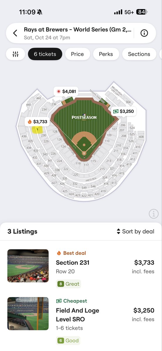 ProblemsMlb's tweet photo. Let’s watch the 6+ ticket listings bounce around the stadium as supply is manipulated. These are all from today. Random sellers don’t list 6+ tickets together on game day when the limit is 2. The supply continues to be manipulated to inflate price
@SeatGeek
@Brewers #WorldSeries https://t.co/7iQf1Z9BPP