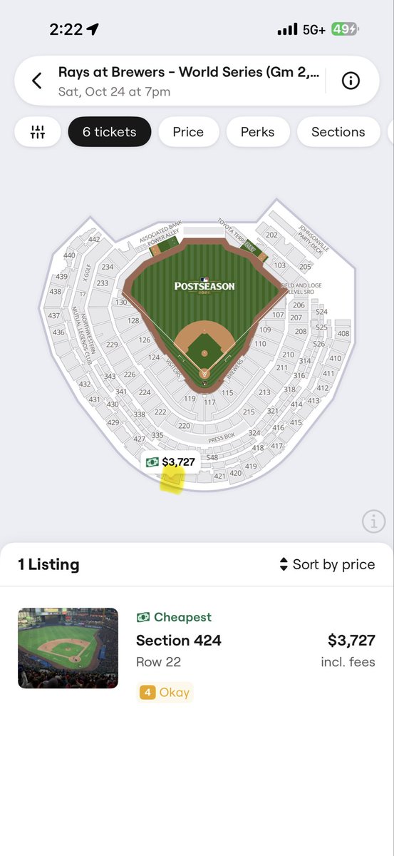 ProblemsMlb's tweet photo. Let’s watch the 6+ ticket listings bounce around the stadium as supply is manipulated. These are all from today. Random sellers don’t list 6+ tickets together on game day when the limit is 2. The supply continues to be manipulated to inflate price
@SeatGeek
@Brewers #WorldSeries https://t.co/7iQf1Z9BPP