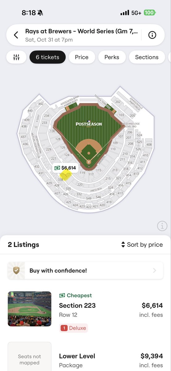 ProblemsMlb's tweet photo. Let’s watch the 6+ ticket listings bounce around the stadium as supply is manipulated. These are all from today. Random sellers don’t list 6+ tickets together on game day when the limit is 2. The supply continues to be manipulated to inflate price
@SeatGeek
@Brewers #WorldSeries https://t.co/7iQf1Z9BPP
