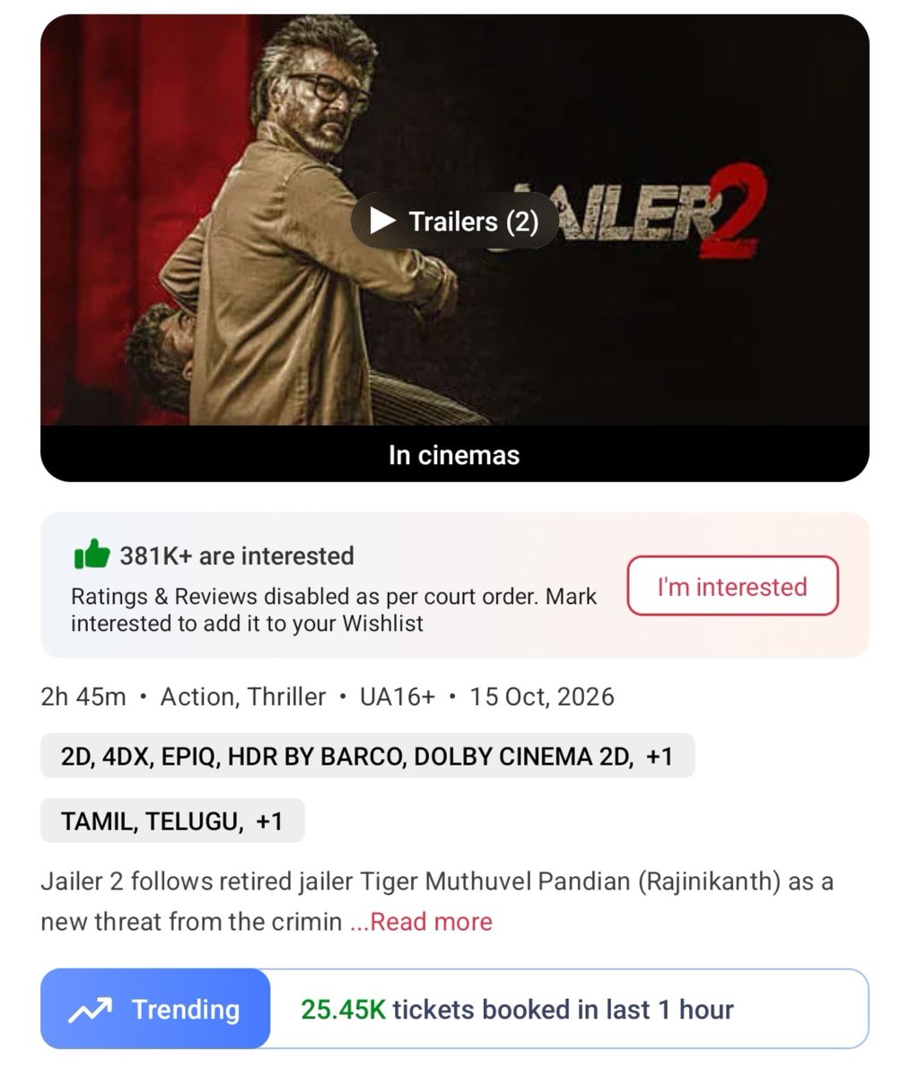 filmy_view's tweet photo. #Jailer2 
8-9pm    
Tickets sold on BMS- 29900
Yesterday- 30680

Total from 6am- 3,26,640
Yest- 2,73,150 https://t.co/DMMPooKxUb
