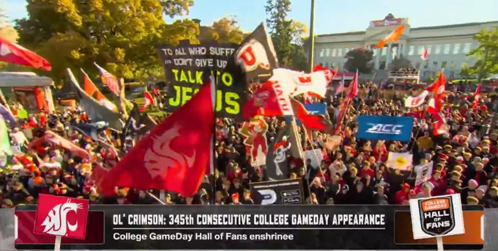 bhofheimer_espn's tweet photo. The streak continues: 3⃣4⃣5⃣ consecutives shows for @olcrimson today on @CollegeGameDay.

And happy anniversary to @Cougwill @KiraBottles and team. It was 23 years ago this week (Oct 18, 2003) that the @WSUCougars flag became a fixture on the show. #WaveTheFlag #GoCougs https://t.co/k2GbVuWD9o