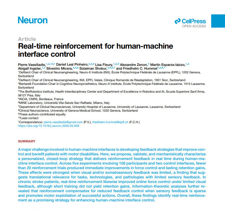 BioAI_NeuralNet's tweet photo. Real-time reinforcement for human-machine interface control
https://t.co/R0BsOOP45r

Summary

1. Real-time reinforcement improves motor performance: Personalized, closed-loop reinforcement feedback enhances force control during human–machine interface tasks.

2. Rapid learning: Fewer than 20 reinforcement trials produce immediate improvements in motor control.

3. Long-term retention: Improvements can persist after training, although retention gains were not observed after short training in chronic stroke patients.

4. Greater benefits with limited sensory feedback: Reinforcement is most effective when visual or somatosensory feedback is reduced.

5. Benefits for stroke patients: Real-time reinforcement improves online force control in chronic stroke patients under conditions of limited visual feedback.

6. Compensates for reduced feedback: Reinforcement helps maintain motor control when sensory information is sparse.

7. Promotes successful action selection: Reinforcement encourages individuals to repeat and exploit motor actions that produce successful outcomes.

8. Translational potential: This strategy could improve rehabilitation and control of human–machine interfaces, particularly for people with motor disabilities.