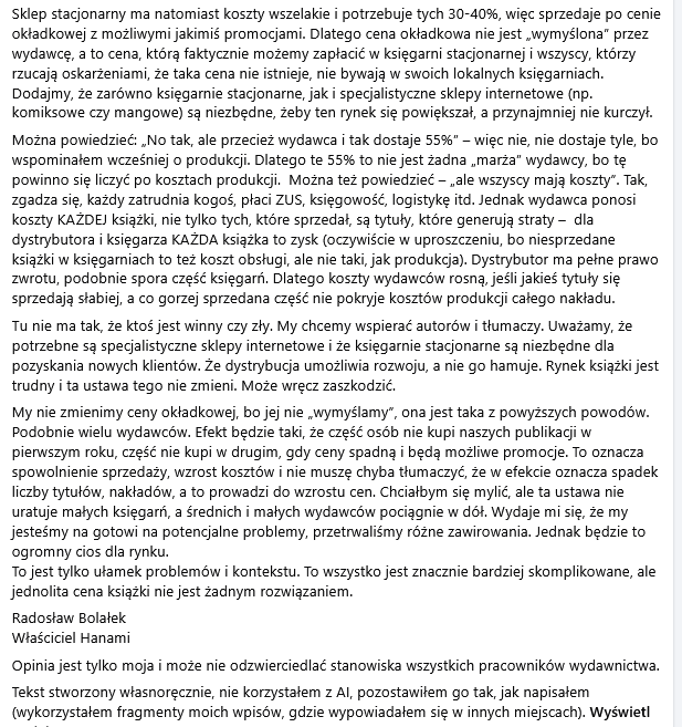 radziokoch's tweet photo. Wypowiedź jednego z wydawnictw komiksowych odnośnie ustawy o stałej cenie książki, z tego co wiem, praktycznie każdy na rynku komiksowym (poza wydawnictwami posiadającymi też księgarnie) ma takie lub podobne zdanie.
I przypominam jedną kwestię - Empik od lat popiera tę ustawę. https://t.co/UYgUUtXDVS