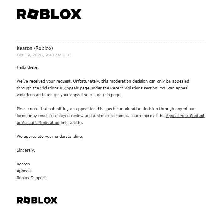 Joao_Doxpao's tweet photo. 🚨 its been days since Roblox permanently terminated my account, JoaoDoxPaoGamer, on October 13 2026, for allegedly being associated with another account (AR****) that I do not own

Years of memories, dedication, and time spent on this platform were taken away from me because of an account association i strongly believe is incorrect, i never imagined that after all these years, i would lose my account over something I didnt do!!

I ve contacted roblox support multiple times explained my situation, and provided evidence only to receive repetitive, seemingly AI generated responses that fail to address my actual problem, my termination doesnt even appear under Recent Violations, leaving me unable to use the appeals system Roblox requires, Roblox Appeals claims to have reviewed my case, yet their response feels like another automated rejection with no real explanation or evidence.

Its heartbreaking to spend years being part of a community, only to feel completely ignored when you need help the most

I just want my case to be genuinely investigated and my account to receive a fair review, because every potentially wrongful ban deserves attention

@Roblox @nicktornow @RobloxCreators @DavidBaszucki Please dont let years of memories disappear without a proper investigation.

Username: JoaoDoxPaoGamer
User ID: 1566051689
Ban ID: e67a8a47-1f64-4cab-b954-5aec6ffddbc3
#Roblox #robloxbanwave #EnforcementBan #robloxban #RobloxSupport