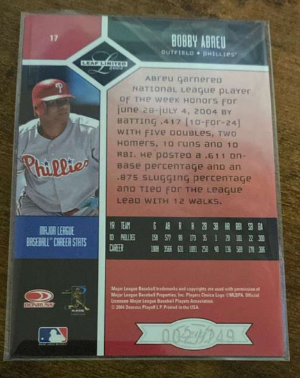 hofnpopper's tweet photo. Here is today's card, Bobby Abreu. This is a Leaf Limited card and is 1/749. Is there any numbered cards you have that you like? #CardCollection #MLB https://t.co/p6IUU1Hqkh