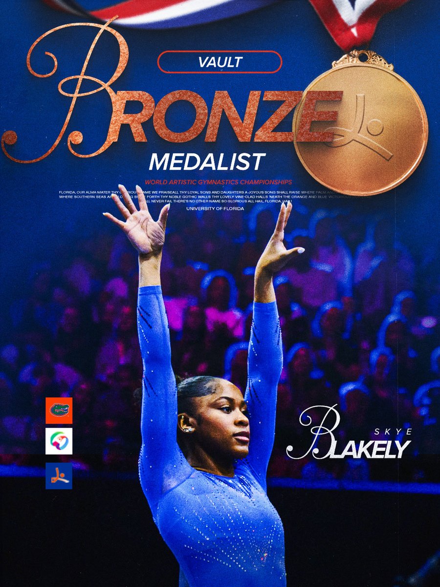 GatorsGym's tweet photo. she STAYS on that podium 

@skyeblakely_ takes bronze in vault and uneven bars🪩🐊 https://t.co/ZiINp1nE7x