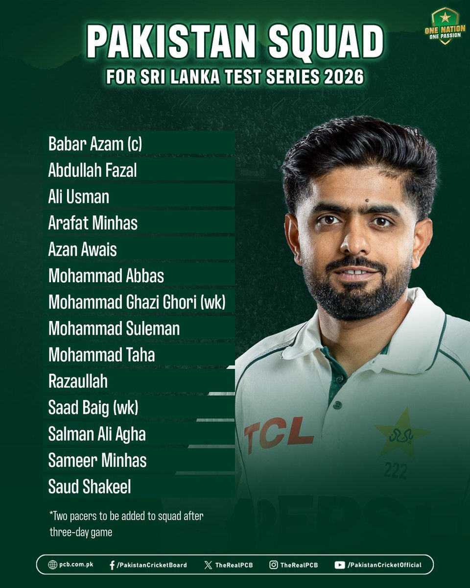 ra2112na's tweet photo. Pakistan test squad for upcoming series against Srilanka 
Babar Azam to captain the side while Abdullah Shafique has been dropped surprisingly #PakvsSrilanka #PCB https://t.co/DKFBbRF9iL