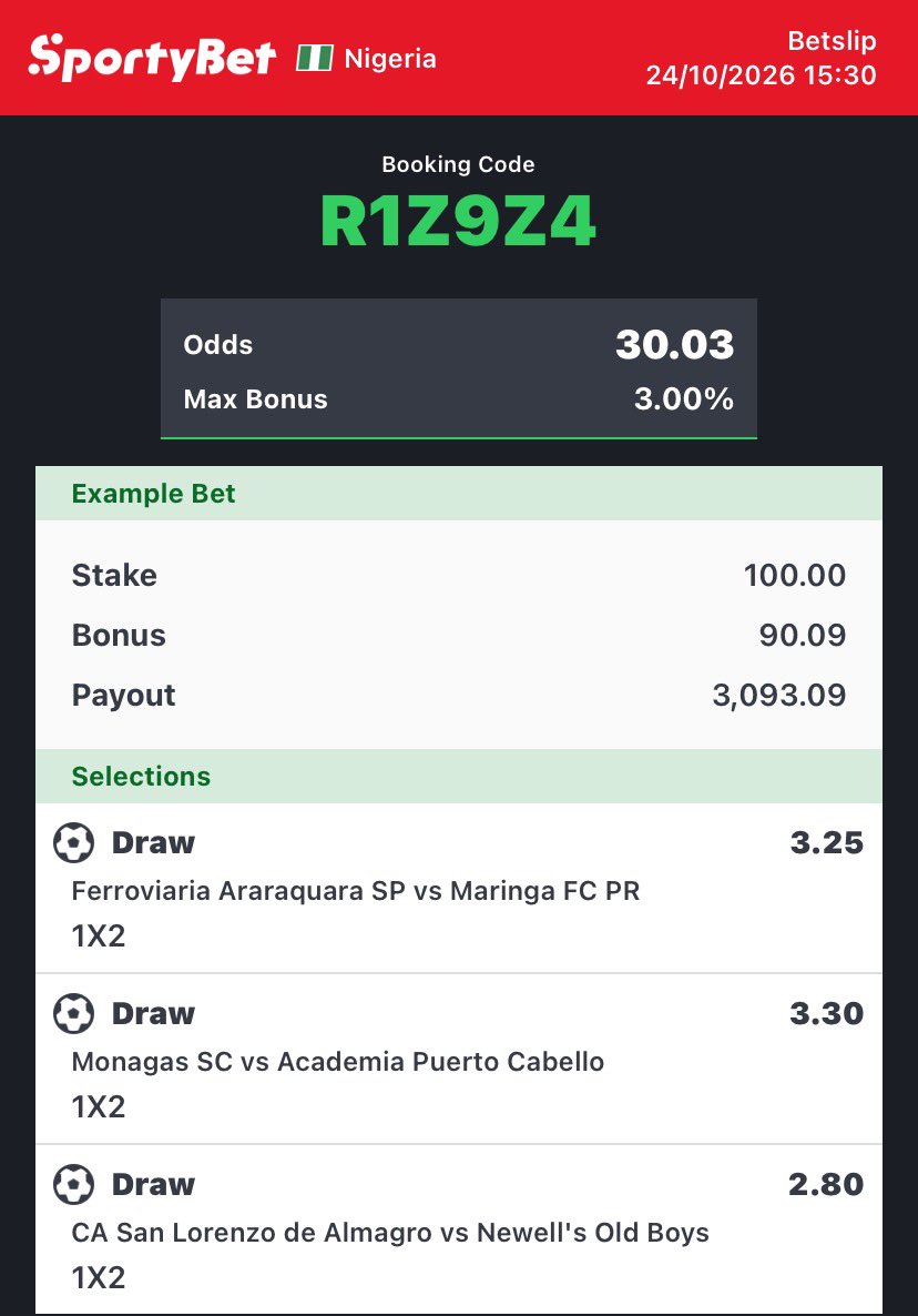 Xftpriest's tweet photo. R1Z9Z4  — 3/3

W877DF  — 3/3

#SportyBetCode 
#SportyBetCode https://t.co/wePsHGtFxK