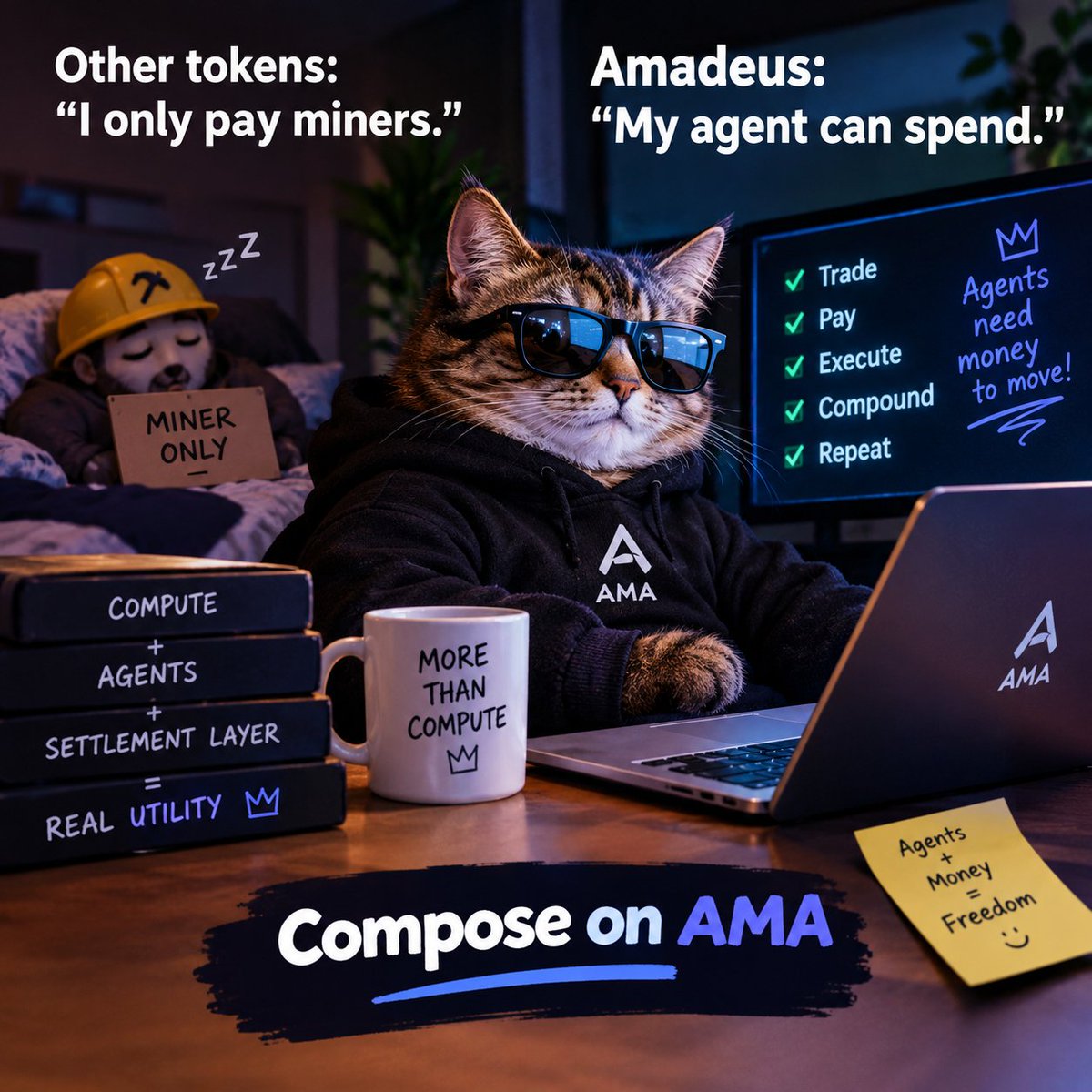 Satoshisparkk's tweet photo. 😼 Other tokens pay miners. Amadeus lets agents put money to work.

From compute to real utility, agentic finance is leveling up.

#AmadeusMeme https://t.co/EIWwhZYTtR