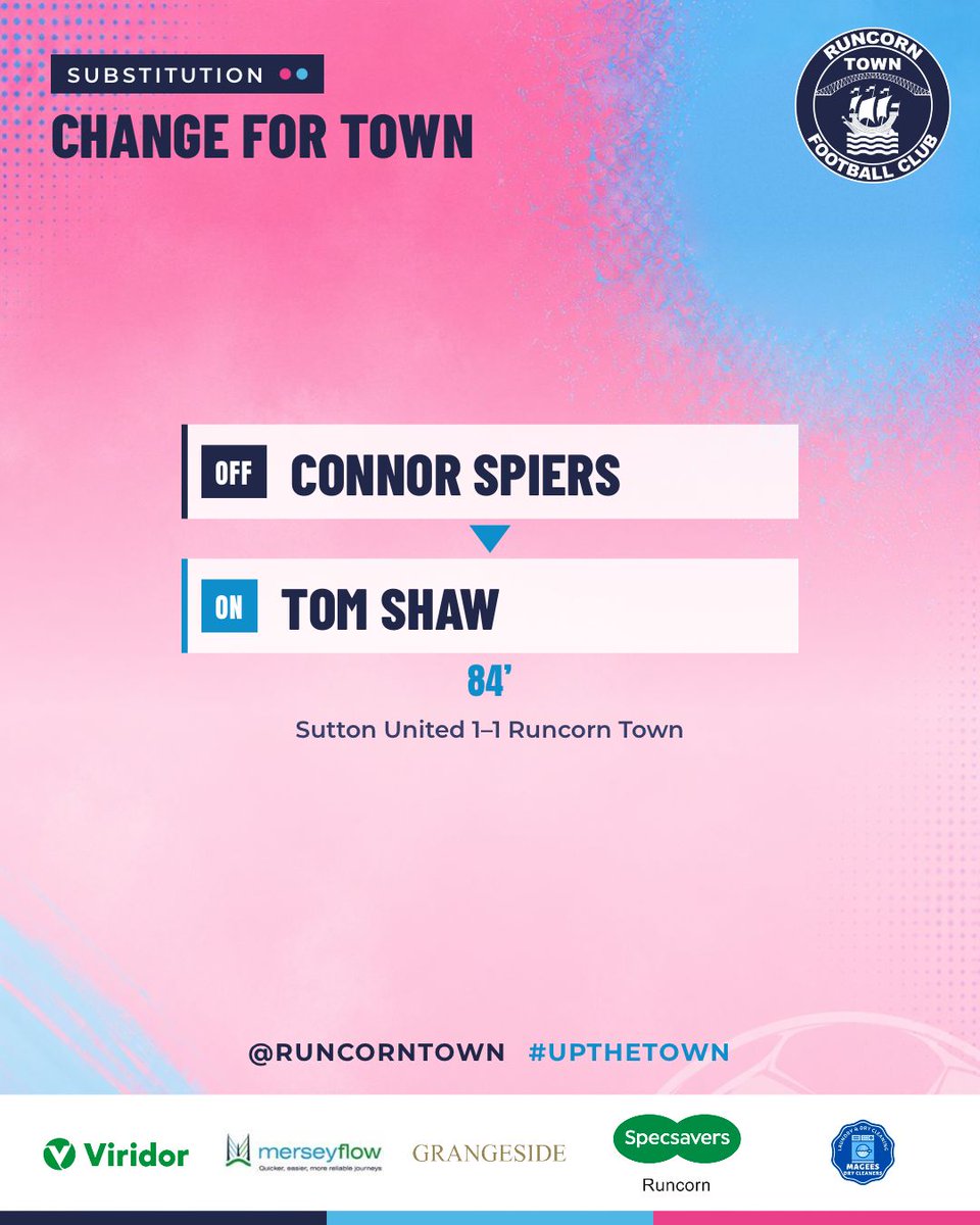 RuncornTown's tweet photo. 84’ CHANGE | Tom shaw on for Connor Spiers. Sutton United 1-1 Runcorn Town. #UpTheTown https://t.co/VIzoXBOqlW