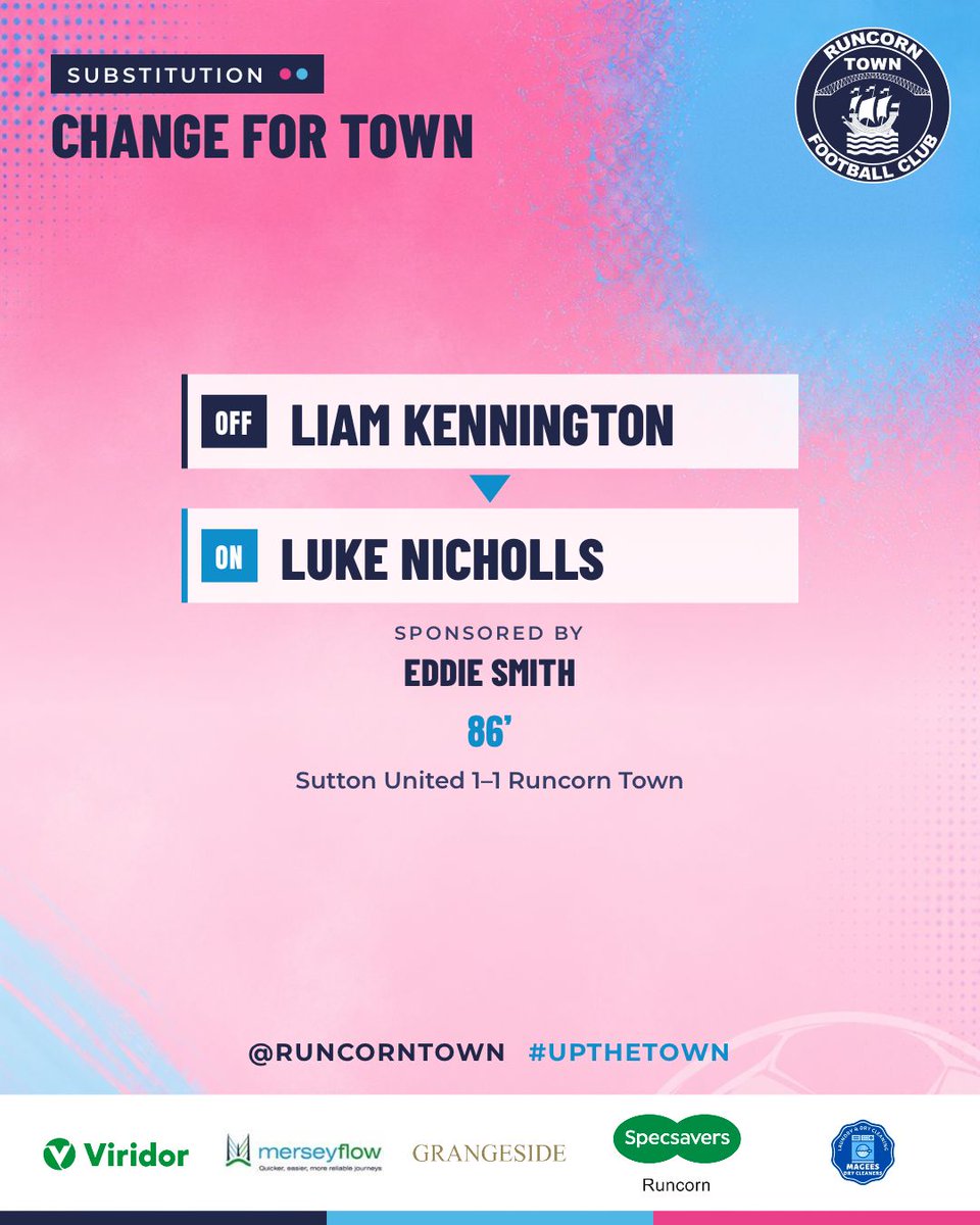 RuncornTown's tweet photo. 86’ CHANGE | Luke Nicholls on for Liam Kennington. Sutton United 1-1 Runcorn Town. #UpTheTown https://t.co/VVnZXCCIWU