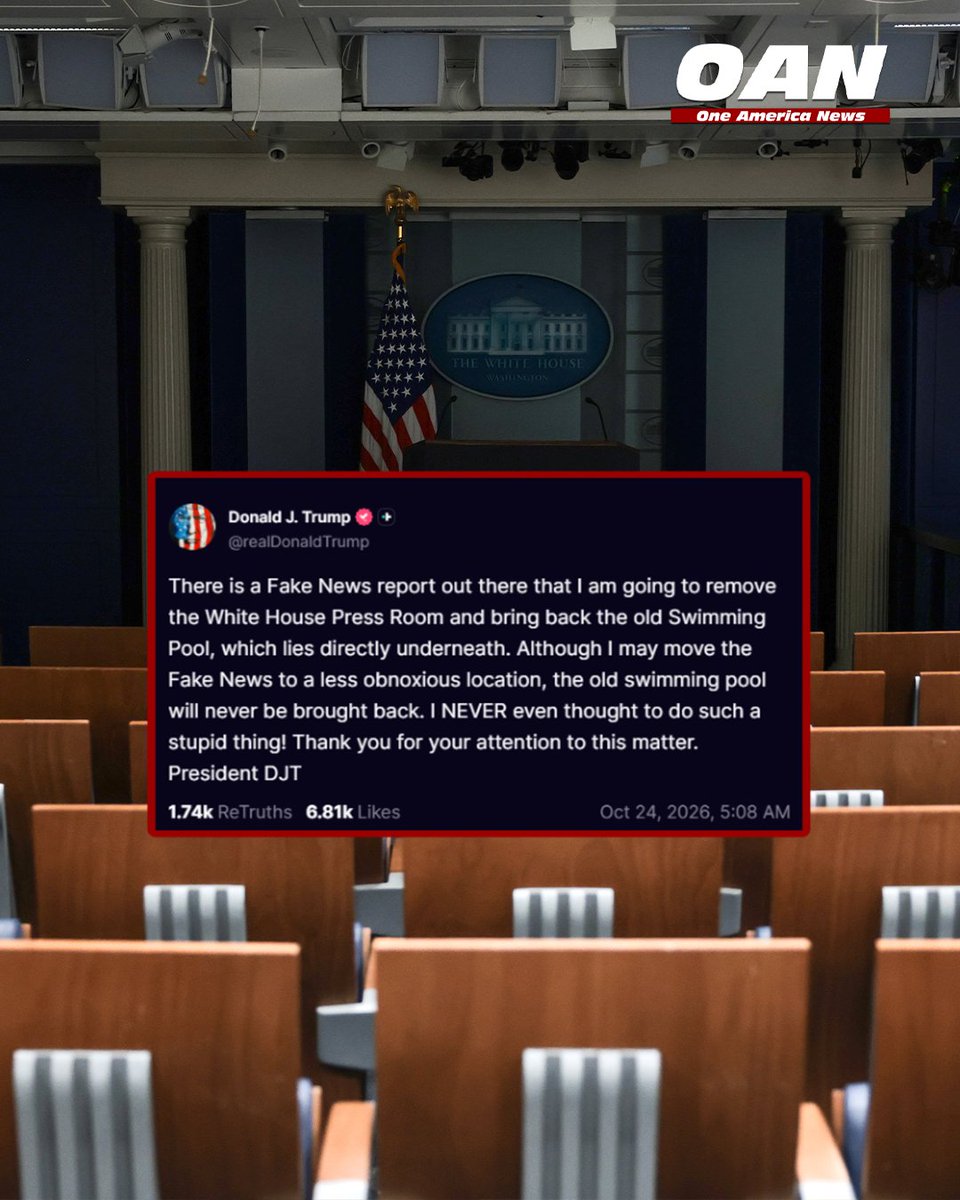 OANN's tweet photo. President Trump pushes back against a report claiming he plans to remove the White House Press Room and restore the former swimming pool, calling the report “Fake News” and denying he ever considered the idea.

Watch OAN on OAN Live for updates. https://t.co/Adp8a9GImy