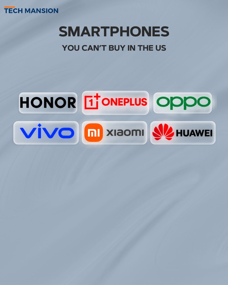TechMansion's tweet photo. Smartphones you can’t officially buy in the US: OPPO, HONOR, OnePlus, vivo, Xiaomi and Huawei.

While these brands sell smartphones in many markets worldwide, their phone lineups have limited or no official US availability, meaning American buyers may need to import them or look for third-party sellers.

From Xiaomi flagships to vivo camera phones and Huawei’s premium devices, which brand’s smartphones would you most want to see officially available in the US?

#OPPO #HONOR #OnePlus #vivo #Xiaomi #Huawei #Smartphones #TechMansion
