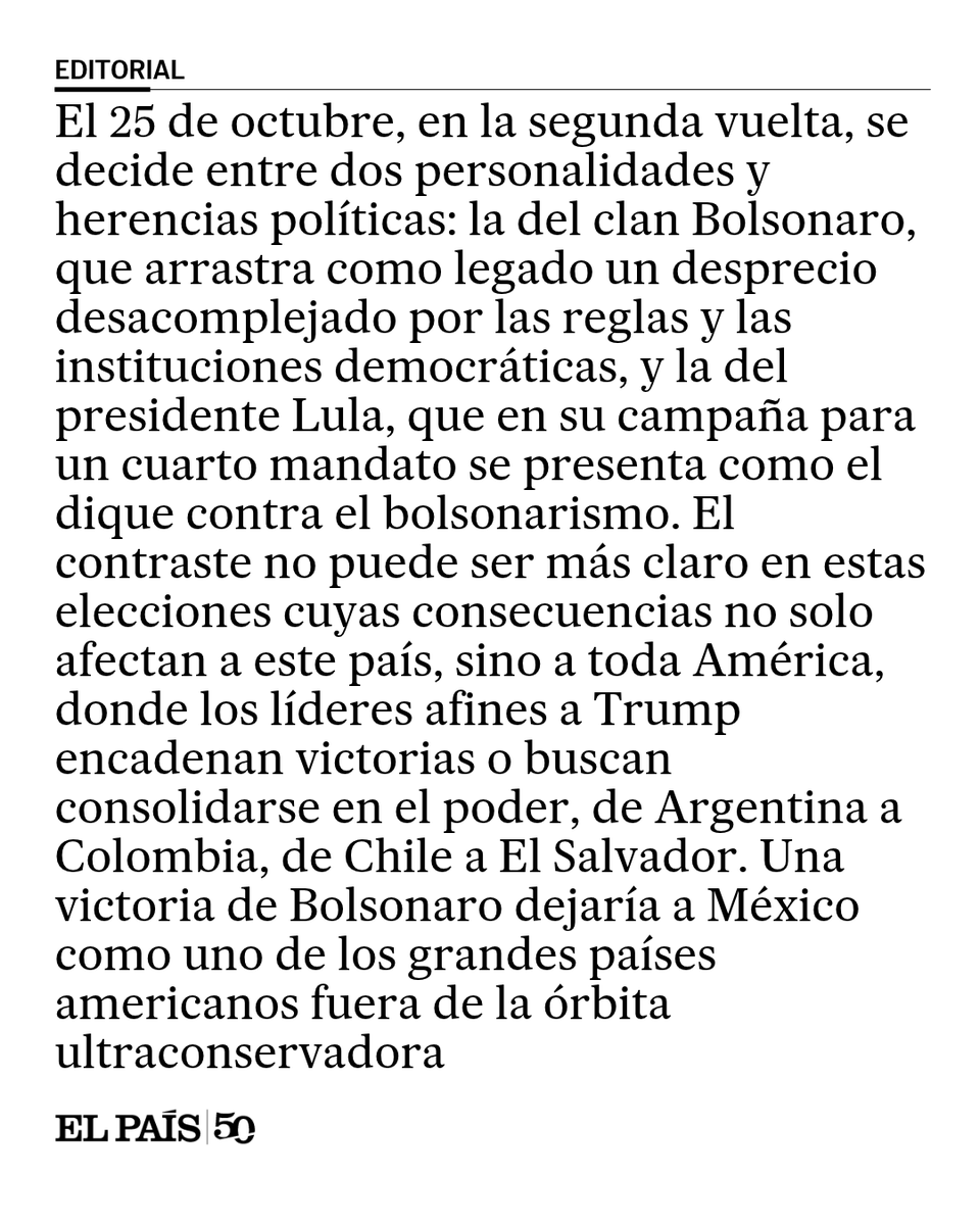 elpais_america's tweet photo. Editorial | La elección entre Lula y Bolsonaro será decisiva para el futuro institucional y democrático del país y para una América donde avanza el trumpismo https://t.co/1j2uqEgWCU https://t.co/MYgFGYj4kr