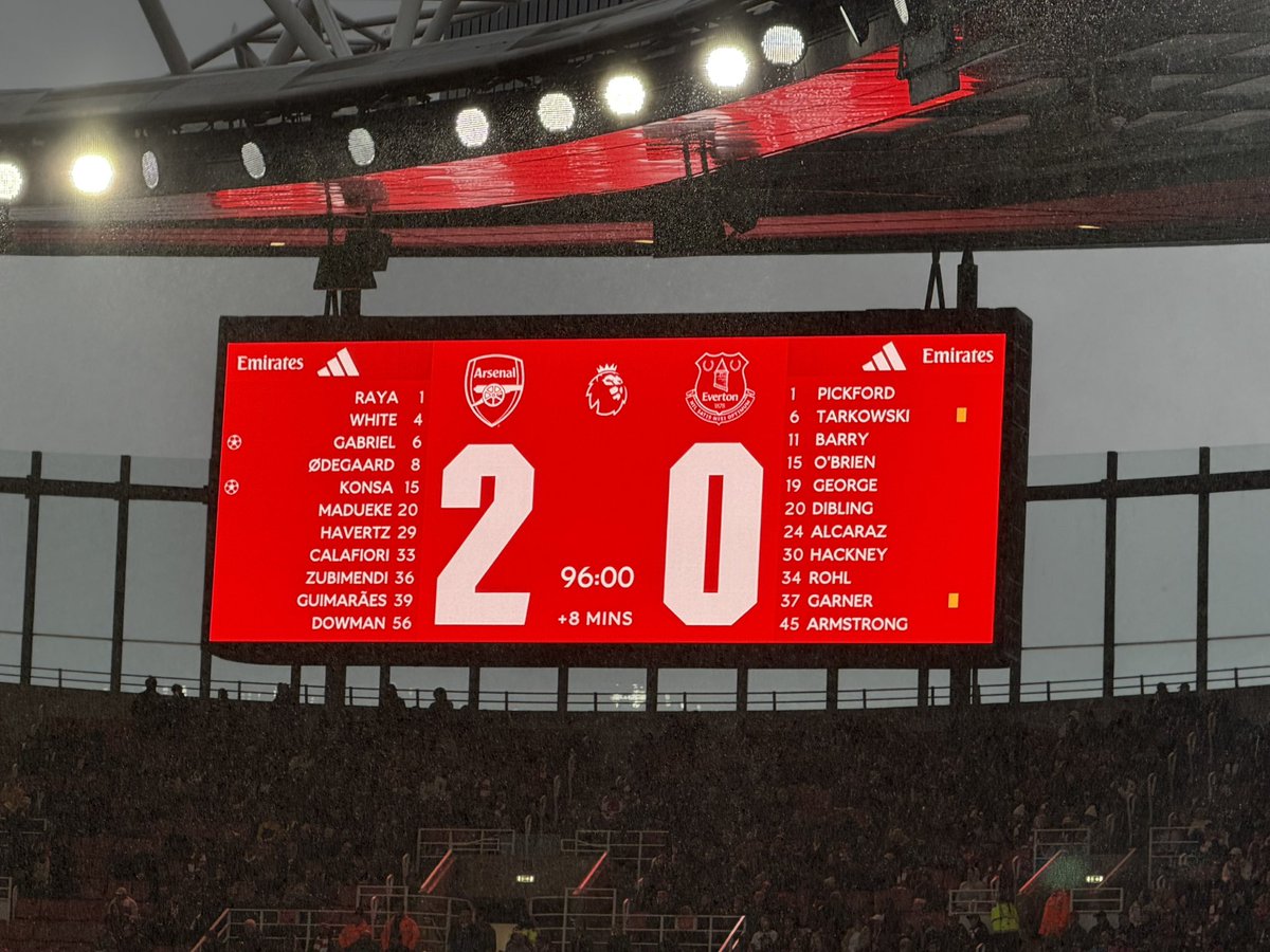 laythy29's tweet photo. FT: Arsenal 2-0 Everton. Goals from Gunners centre-backs Ezri Konsa and Gabriel sink the visitors on a wet day. See @M_Star_Online newspaper and my @Substack Layth’s Take for my Premier League reaction https://t.co/0uINbrLIaw