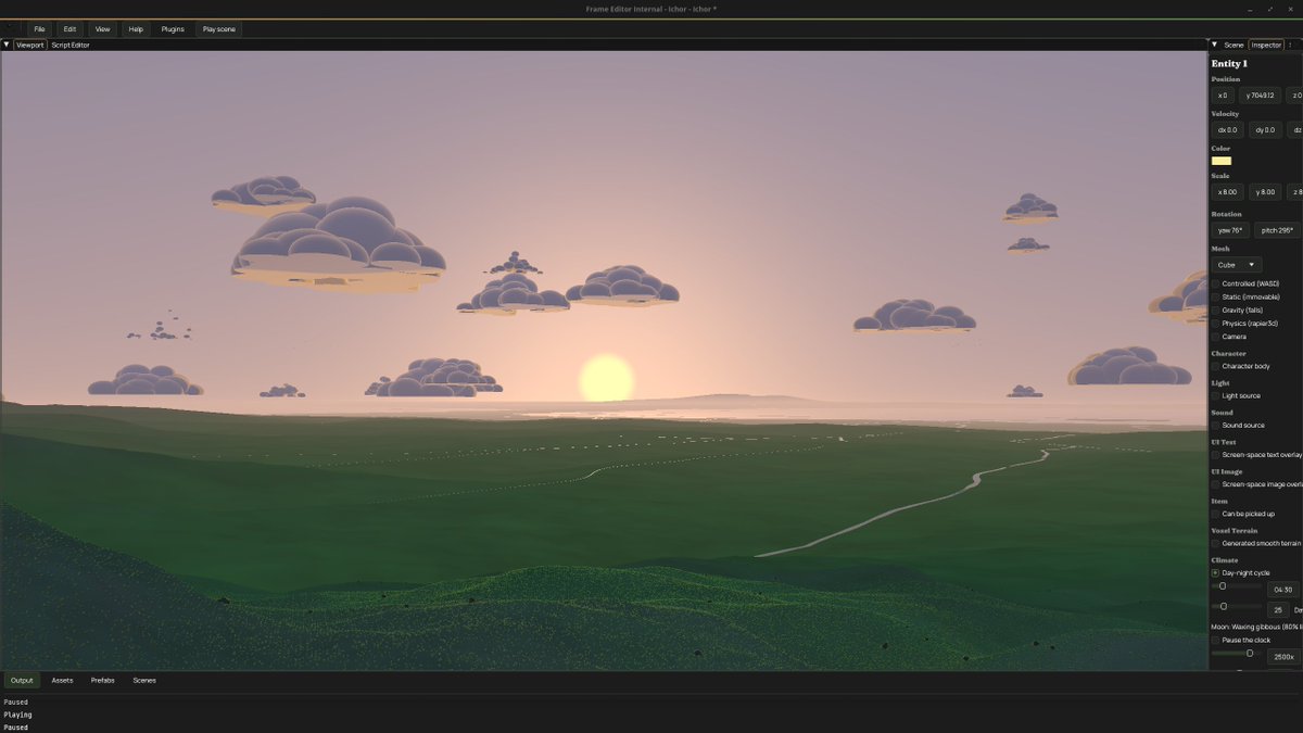 OuterFrameInter's tweet photo. Left the camera still over a valley in my game and let a couple of in-game days go by. Plus a couple of shots from the same world.

The game is a multiplayer survival game, and I’m building it on Frame Engine, my own engine written in Rust. Everything you see here is the engine’s own renderer, terrain and sky. The game is how I find out what the engine is missing, then I go and fix it. Frame Engine 0.1.0 goes public on Friday 30 October.

The streams are new. The world now works out where rain would run downhill, cuts small channels and ponds for it, and the water follows them. Getting them to actually show up on screen took a lot more attempts than I’d like to admit.

The bushes are new too. Each one is built from its own seed so no two are the same, and they’re shaded the same way as the clouds. Still a first pass, they go far too dark at night and I’m already fixing that.

What would you like to see happen in this world?

#screenshotsaturday #FrameEngine #gamedev #indiedev #rustlang