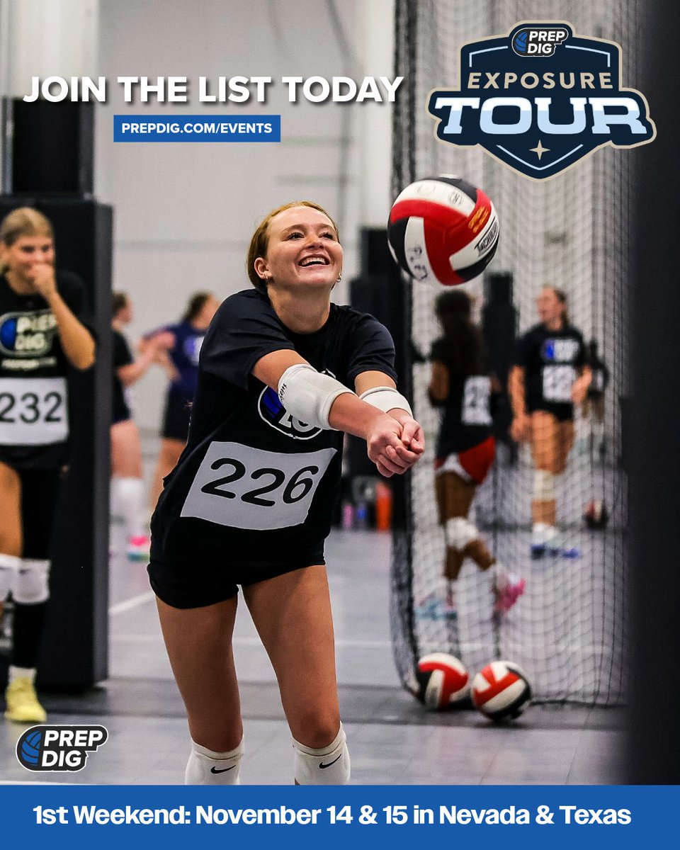 PrepDig's tweet photo. First serve for the Prep Dig Exposure Tour is just around the corner! Opening weekend will be jam packed with top talent in Nevada and Texas:

✅ San Antonio: Nov. 14
✅ Nevada: Nov. 14
✅ Houston: Nov. 15

Use coupon code SHOWCASE to register and save: https://t.co/8YhJWbmU7O https://t.co/k0PxtqxQPv