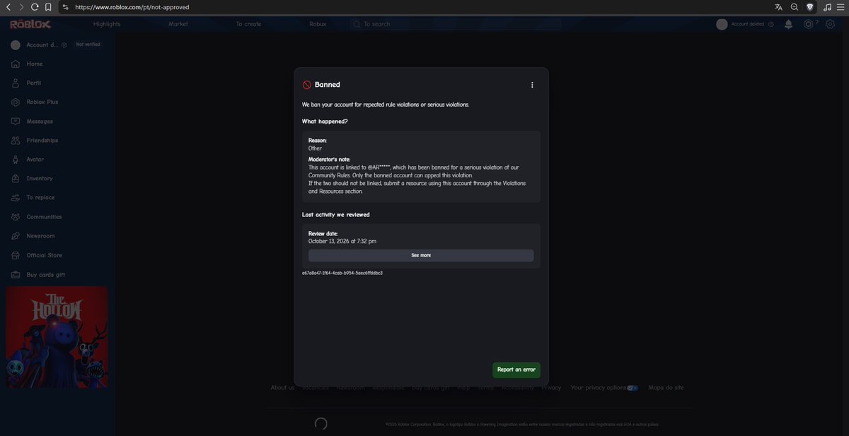 Joao_Doxpao's tweet photo. 🚨 its been days since Roblox permanently terminated my account, JoaoDoxPaoGamer, on October 13 2026, for allegedly being associated with another account (AR****) that I do not own

Years of memories, dedication, and time spent on this platform were taken away from me because of an account association i strongly believe is incorrect, i never imagined that after all these years, i would lose my account over something I didnt do!!

I ve contacted roblox support multiple times explained my situation, and provided evidence only to receive repetitive, seemingly AI generated responses that fail to address my actual problem, my termination doesnt even appear under Recent Violations, leaving me unable to use the appeals system Roblox requires, Roblox Appeals claims to have reviewed my case, yet their response feels like another automated rejection with no real explanation or evidence.

Its heartbreaking to spend years being part of a community, only to feel completely ignored when you need help the most

I just want my case to be genuinely investigated and my account to receive a fair review, because every potentially wrongful ban deserves attention

@Roblox @nicktornow @RobloxCreators @DavidBaszucki Please dont let years of memories disappear without a proper investigation.

Username: JoaoDoxPaoGamer
User ID: 1566051689
Ban ID: e67a8a47-1f64-4cab-b954-5aec6ffddbc3
#Roblox #robloxbanwave #EnforcementBan #robloxban #RobloxSupport