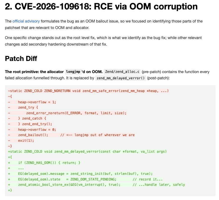 zerodayalpha's tweet photo. ⚡️ 0-Day Alert: PHP remote code execution

CVE-2026-109618: OOM bailout to UAF
CVE-2026-109619: state corruption to UAF

We independently scrutinized the bugs, they are legitimate and should be fixed asap. 

Update to: PHP 8.5.12, 8.4.27, 8.3.36 and 8.2.35 https://t.co/ea3BdjloFY