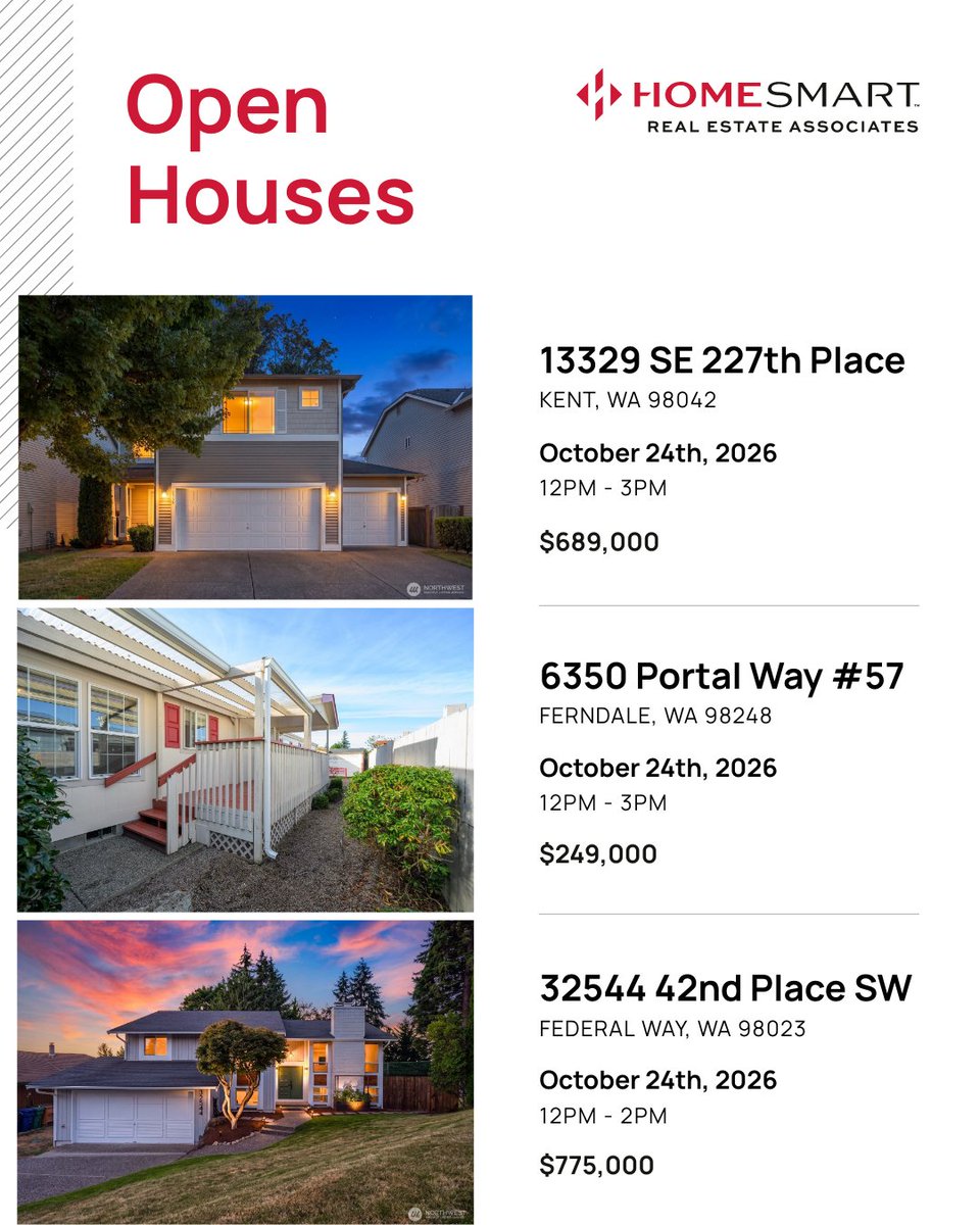 HomeSmartSells's tweet photo. Come say HELLO TODAY at one of our Featured Open Houses! October 24th, 2026 - Starting at 12PM! 
#HomeSmart #KentRealEstate #FederalWayRealEstate #FerndaleRealEstate #OpenHouse https://t.co/IJwrbrtALF