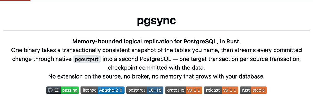 mylifcc's tweet photo. 给 PostgreSQL 做实时同步，终于不用在「装第三方插件污染源库」和「搭一套吃掉几 GB 内存的 Debezium 集群」之间二选一了。
PGRun 团队刚用 Rust 开源了 pgsync——一个把内存控制到极致的单二进制 PostgreSQL 实时逻辑复制（CDC）引擎。实测将 1GB 数据库做全量一致性快照时，峰值内存（RSS）仅 33MB；日常增量流式同步稳态仅 15MB，单机跑 20 个并发任务每进程才 9.5MB。
它最狠的不是快，而是死磕「绝对正确性（Correct before fast）」的三个架构设计：
1️⃣ 零侵入全量 + 增量无缝切换：基于 PG 原生 pgoutput 协议（源库无需装 wal2json 等任何扩展），先通过导出快照（Exported Snapshot）完成一致性全量拷贝，再精准从对应 LSN 位点切入实时 CDC 流。
2️⃣ 1:1 事务边界与原子 Checkpoint：源库每个事务在目标库严格作为唯一事务按序提交，且同步位点（pgsync.job）直接包在目标库同一个事务里落盘。哪怕遭遇 15 轮连续随机 SIGKILL 强杀，重启后依靠 LSN 幂等去重，数据 Hash 依然 100% 严丝合缝。
3️⃣ 22 项前置体检与零静默丢数：启动前一句 pgsync check 自动排查 22 项权限与配置隐患；同步中途一旦遇到目标库缺列或异常，立即显式停机报错，绝不静默丢弃一行数据。
你们目前在生产或测试环境做 PG 实时同步，主要用哪套方案？踩过最深的一个坑是什么？