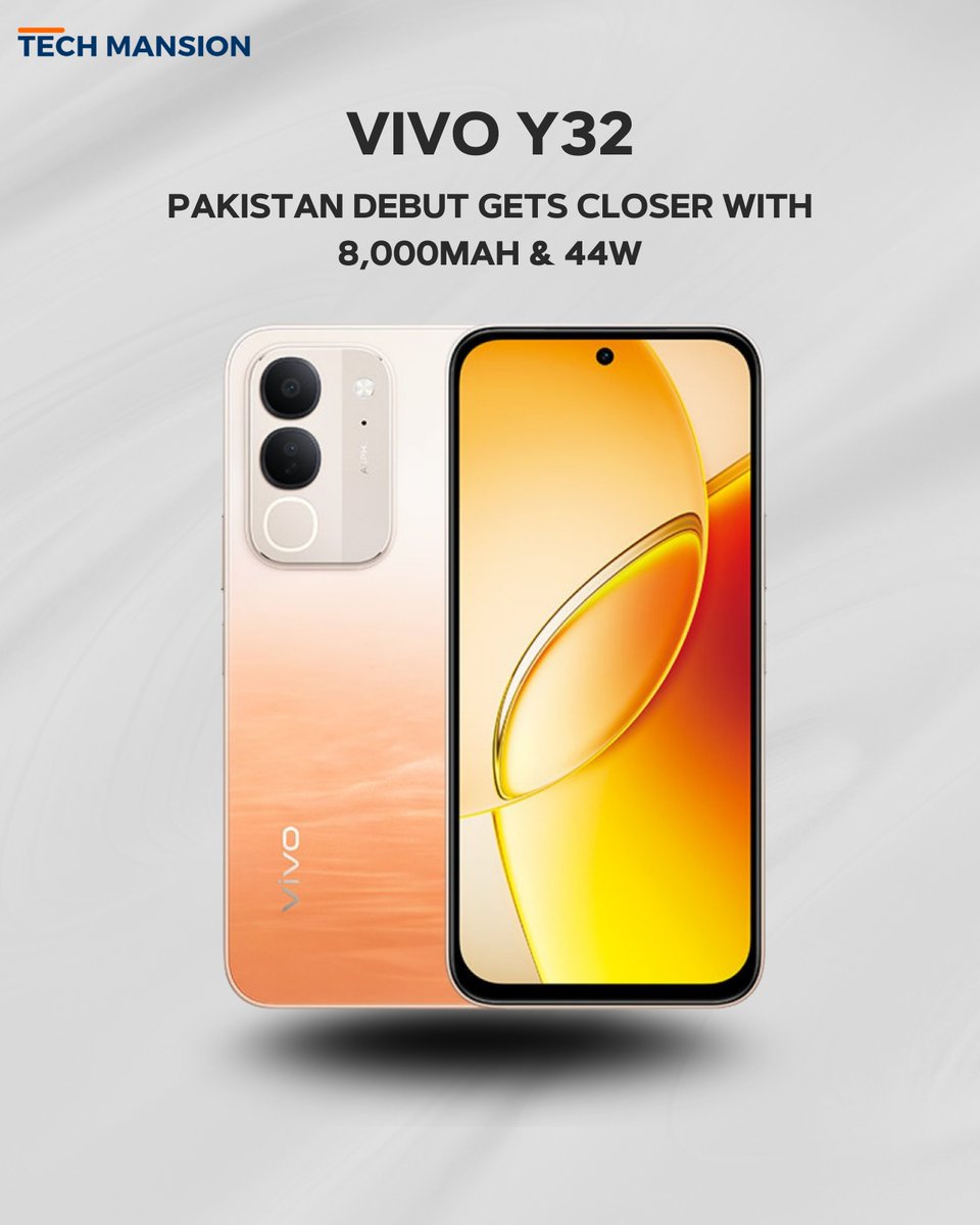 TechMansion's tweet photo. The vivo Y32 is expected to debut in Pakistan soon, bringing an 8,000mAh battery, 44W fast charging, and a 120Hz display. It also features IP68/IP69 water and dust resistance.

#vivoY32 #vivo #SmartphoneNews #TechNews https://t.co/Si5Z0zQgjB