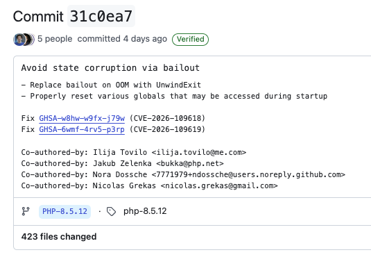 zerodayalpha's tweet photo. ⚡️ 0-Day Alert: PHP remote code execution

CVE-2026-109618: OOM bailout to UAF
CVE-2026-109619: state corruption to UAF

We independently scrutinized the bugs, they are legitimate and should be fixed asap. 

Update to: PHP 8.5.12, 8.4.27, 8.3.36 and 8.2.35 https://t.co/ea3BdjloFY