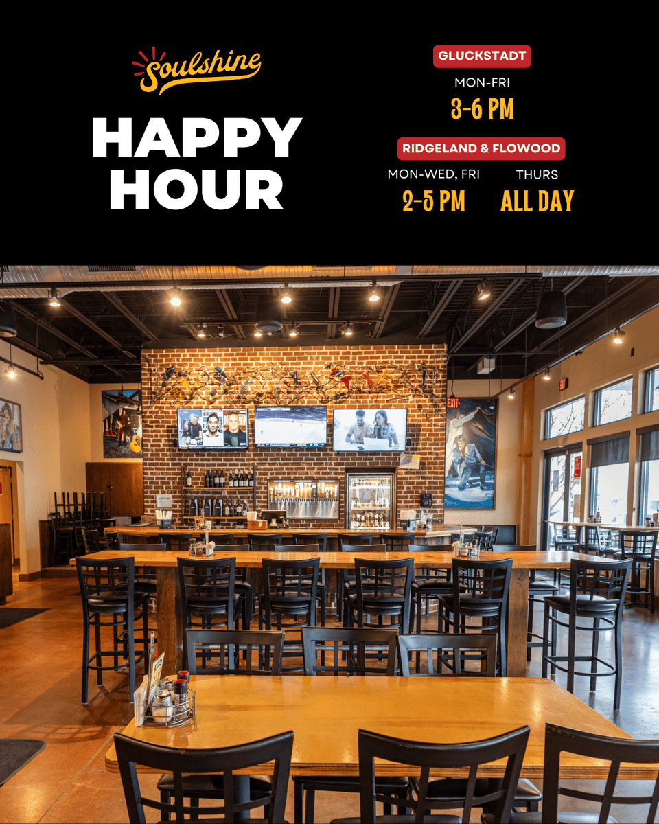 soulshinepizza's tweet photo. Happy Hour is calling! 🍻 Come answer!
Flowood & Ridgeland: Mon-Wed & Fri | 2-5 PM, Thurs ALL DAY
Gluckstadt: Mon-Fri | 3-6 PM
#SoulshinePizza #HappyHour #Unwind https://t.co/Nyx7k4beKh