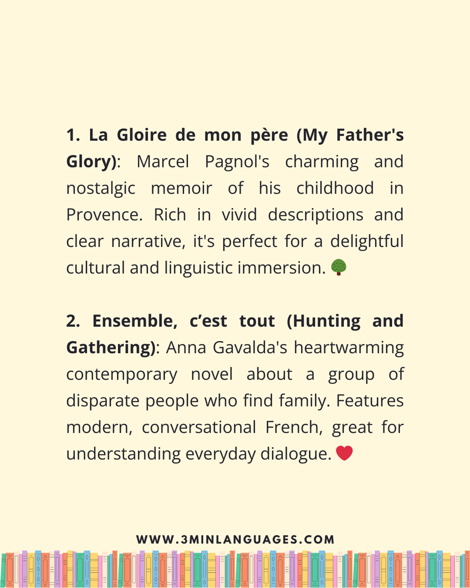 3MLanguages's tweet photo. 📚🇫🇷 5 more French reads for learners

La Gloire de mon père • Ensemble, c’est tout • L’Élégance du hérisson • No et moi • Un sac de billes

Tip: highlight new words, review weekly.

👉 Learn French in 3 minutes: https://t.co/zJMA7G83iy https://t.co/aF6aI0NBIs