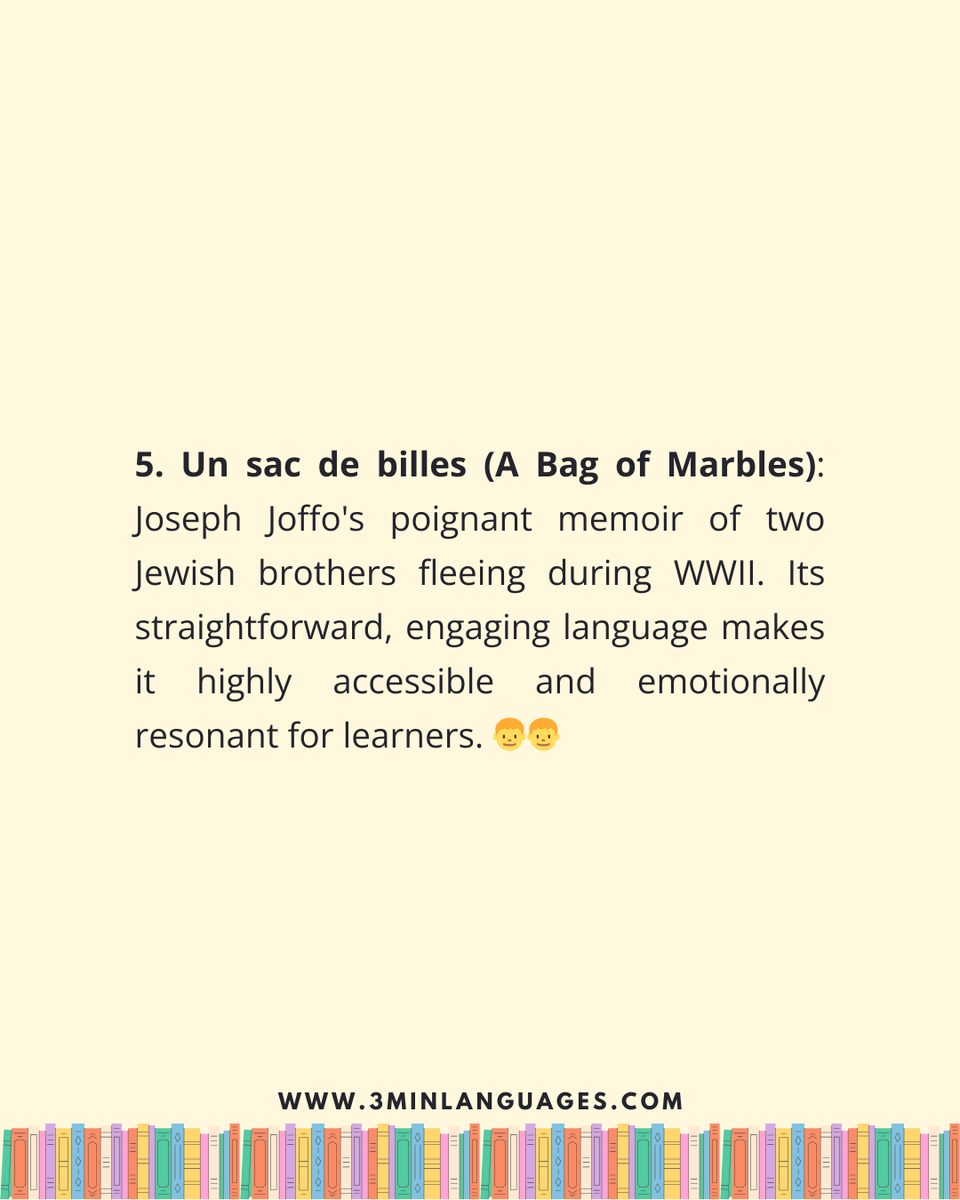3MLanguages's tweet photo. 📚🇫🇷 5 more French reads for learners

La Gloire de mon père • Ensemble, c’est tout • L’Élégance du hérisson • No et moi • Un sac de billes

Tip: highlight new words, review weekly.

👉 Learn French in 3 minutes: https://t.co/zJMA7G83iy https://t.co/aF6aI0NBIs