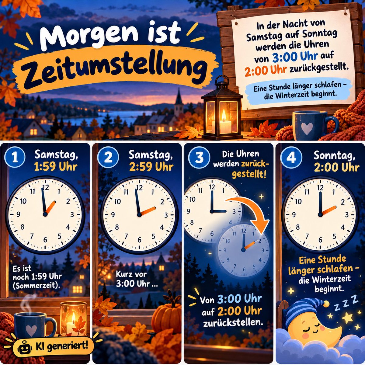 Hochstift_News's tweet photo. #Zeitumstellung: Heute Nacht wird die Uhr zurückgestellt! Um 3:00 Uhr geht es zurück auf 2:00 Uhr – eine Stunde länger schlafen. 😴🍂 Kommt ihr gut damit zurecht? (Bild: KI generiert) #Winterzeit #RegionHochstift https://t.co/aw351Nd6SY