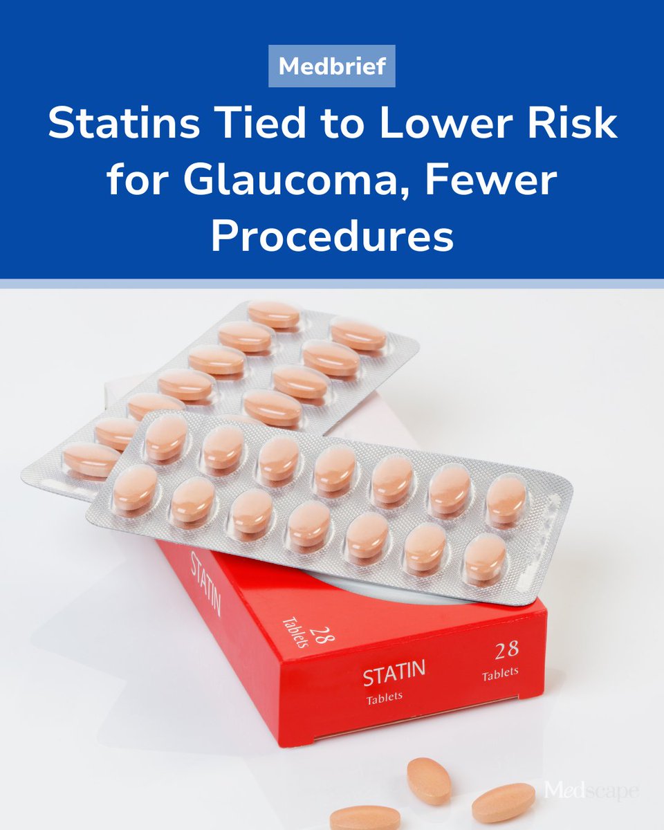 Medscape's tweet photo. The use of cholesterol-lowering statins was associated with a 15% lower risk of developing open-angle glaucoma at 5 years and with a substantially reduced need for laser or surgery in patients who already had the condition. The associations held up, although somewhat weaker, at 10 years, and were seen with drugs such as atorvastatin and rosuvastatin. https://t.co/5zweR1dUWs https://t.co/51V4sOyed4