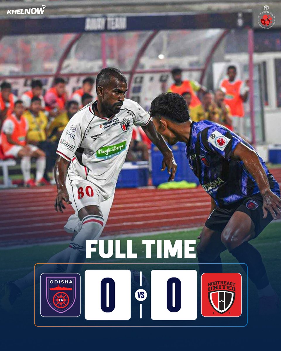 KhelNow's tweet photo. FULL-TIME | Odisha FC 0-0 NorthEast United FC
A goalless stalemate in Bhubaneswar!
Alaaeddine Ajaraie misses a last-minute penalty as both sides settle for a point.
#ISL #OFCNEUFC #IndianFootball #MGISL https://t.co/dvYyWvDaWU