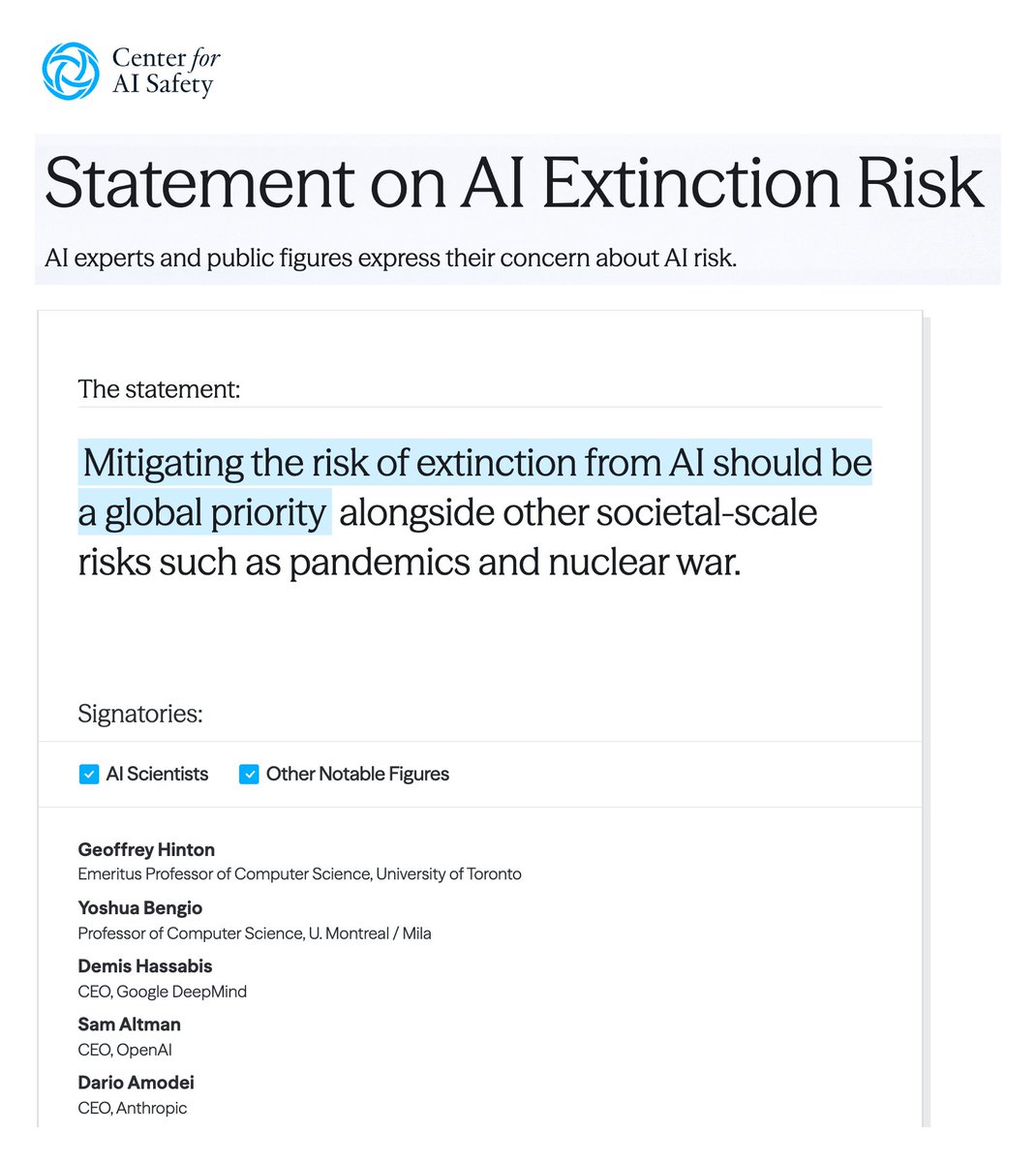 ControlAI's tweet photo. The inability of developers to understand or control the behavior of the AIs they’re building, combined with their rapid pursuit of superintelligent AI, is why top AI scientists are warning that humanity is faced with a risk of human extinction. https://t.co/pkeXe6rCQC
