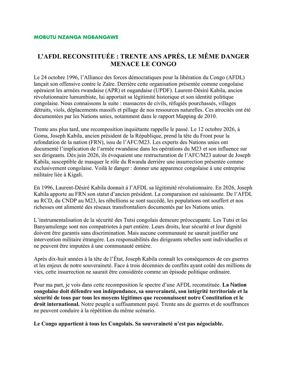 NzangaMobutu's tweet photo. Trente ans après l’invasion du Zaïre, notre peuple en porte encore les blessures.

Les sigles changent, mais les dangers demeurent.

Ce 24 octobre, le devoir de mémoire est un devoir de vigilance. 

Nous n’avons ni le droit d’oublier, ni celui de laisser l’histoire se répéter. https://t.co/u913zWpurF