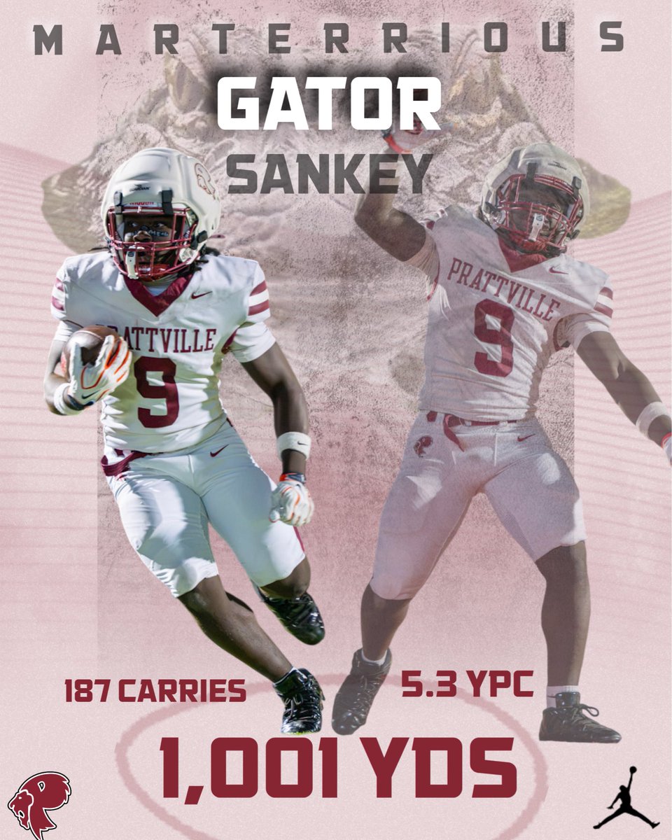 PrattvilleFB's tweet photo. 1,000 YARDS. EARNED, 🦁💨

Congratulations to @GatorYp on surpassing 1,000 RUSHING YARDS this season! 🔥

After rushing for over 132 yards in last night’s performance, Gator has officially reached the 1,000-yard milestone! 
#GoLions 🦁 https://t.co/x8WGgwutYl