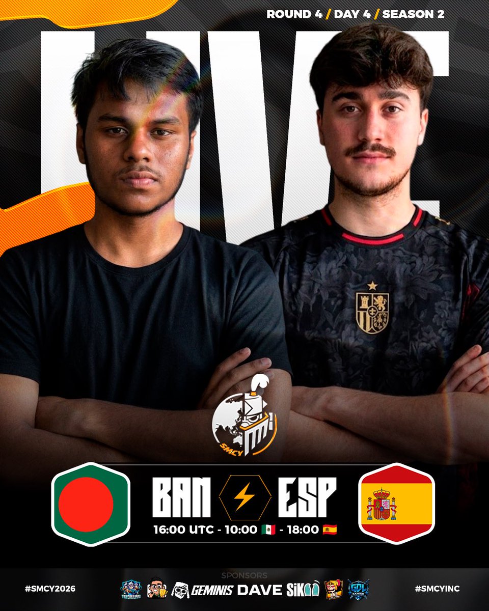 CR_Supremacy's tweet photo. 🟠 𝐋𝐈𝐕𝐄 - 𝐌𝐀𝐓𝐂𝐇 𝟏𝟏 - 𝐑𝐎𝐔𝐍𝐃 𝟒  ⚫️

🇧🇩⚔️🇪🇸 SECOND SHOWDOWN OF THE DAY!

Bangladesh faces Spain! 🇪🇸 La Roja desperately needs a win to keep its WORLD CHAMPIONSHIP hopes alive! 🏆

🇧🇩 @TeamBanglaCR 🆚 @SeleccionEsPCR 🇪🇸
⏰: 16:00 UTC - 10:00 🇲🇽 - 18:00 🇪🇸
📺🇪🇸: https://t.co/TOheAE1nmv
📺🇪🇸: https://t.co/q5vw0ORYno
🎙️🇪🇸: @Recameca
📺🇪🇸: https://t.co/3xjRJ2KI9O
🎙️🇪🇸: @zambatizj
📺🇯🇵: https://t.co/y1GuBeU4jz
🎙️🇯🇵: @Rush_Clash

#SMCY2026 #SMCYINCS2 #ClashRoyale