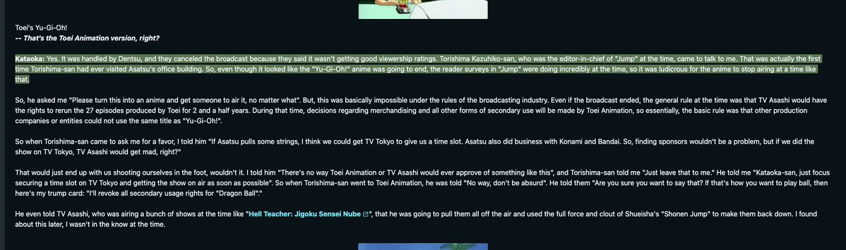 Petsuchan's tweet photo. FINALLY!

We actually have an interview actually giving a reason as to why Toei Yu-Gi-Oh did not continue.

"Kataoka: Yes. It was handled by Dentsu, and they canceled the broadcast because they said it wasn't getting good viewership ratings." https://t.co/v1EsYr8GYl