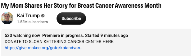 esotericpigeon's tweet photo. In Kai Trump's new Youtube video about her mother Vanessa who beat breast cancer, there is a donation link and they are on https://t.co/mLVgEljOpU and active on x @MSKCancerCenter. https://t.co/dXcBqLb3VE
