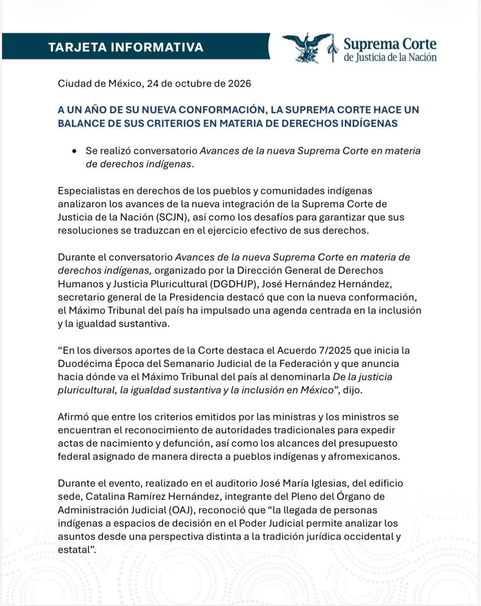 SCJN's tweet photo. Tarjeta Informativa | A un año de su actual integración, la #SCJN realizó un balance de los avances en el reconocimiento y la protección de los derechos de los pueblos y comunidades indígenas y afromexicanas. ⚖️

Especialistas analizaron criterios relacionados con el reconocimiento de las autoridades tradicionales, la asignación directa de recursos públicos y los desafíos para garantizar el ejercicio efectivo de sus derechos.