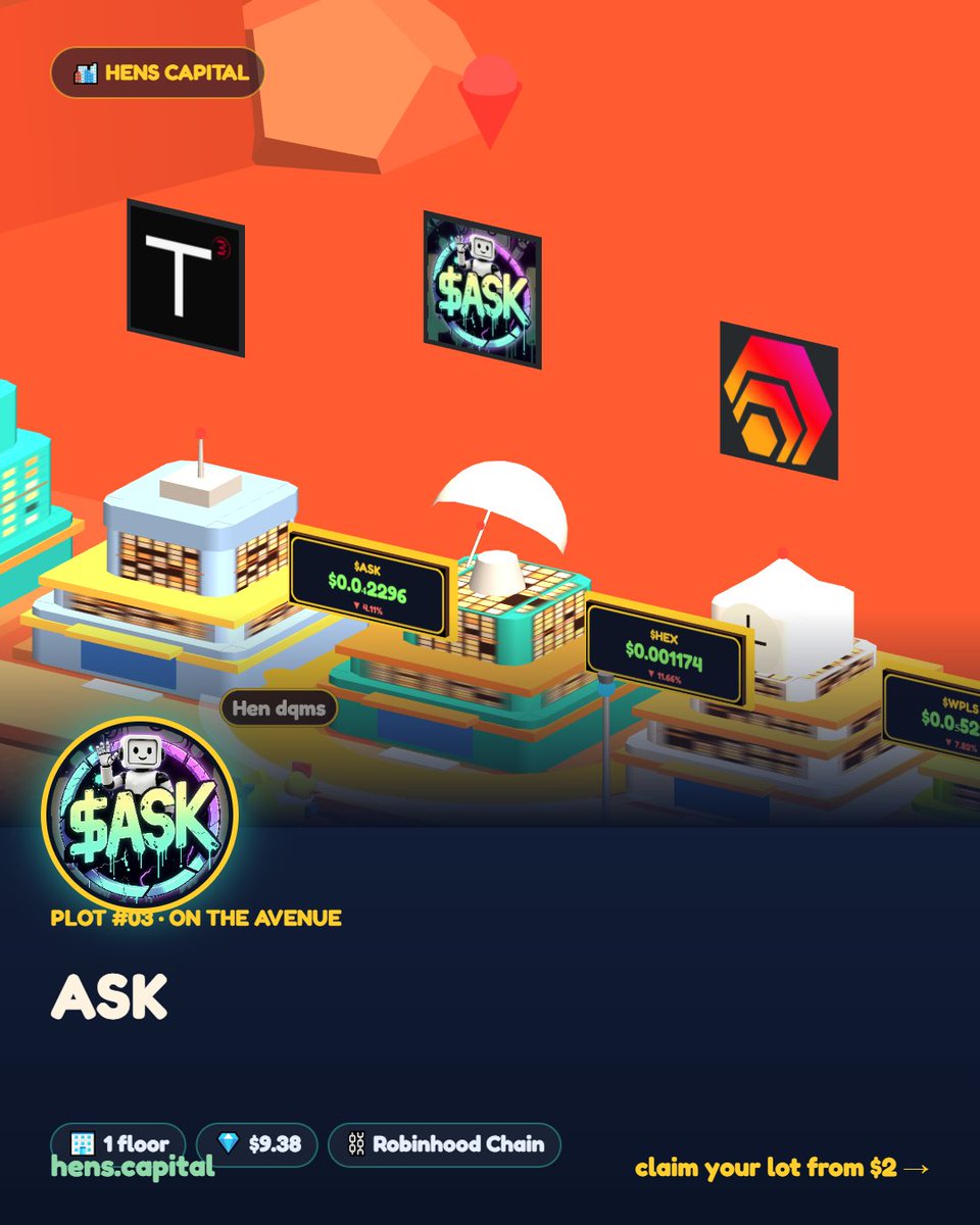 TrinaVerse's tweet photo. 🏙️ “ASK” just went up on the Hens Capital avenue (Plot #03). Grab your own lot from $2 and build next to me on Robinhood Chain 👉
https://t.co/1H9ycSsryI https://t.co/2PP7tOWnXQ