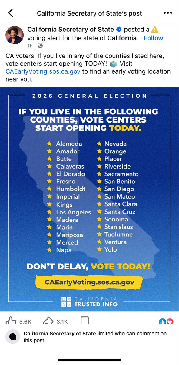 CardioNP's tweet photo. The California Secretary of State worked with Facebook to get an alert sent to Californians. 
But when you click on it to try and find an early vote, Location, the website doesn’t load. Even going directly to the Secretary of State page and then trying to find an early vote station. It doesn’t work.  Great job, Gavin.