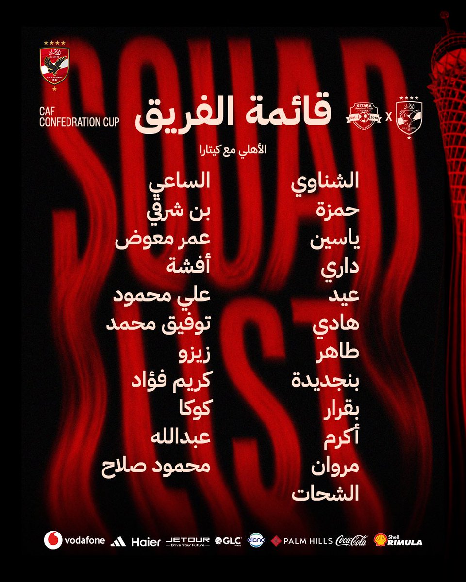 AlAhly's tweet photo. 📋 قائمة فريقنا لمواجهة كيتارا الأوغندي في الكونفيدرالية 🦅 https://t.co/K9wSltvbqm