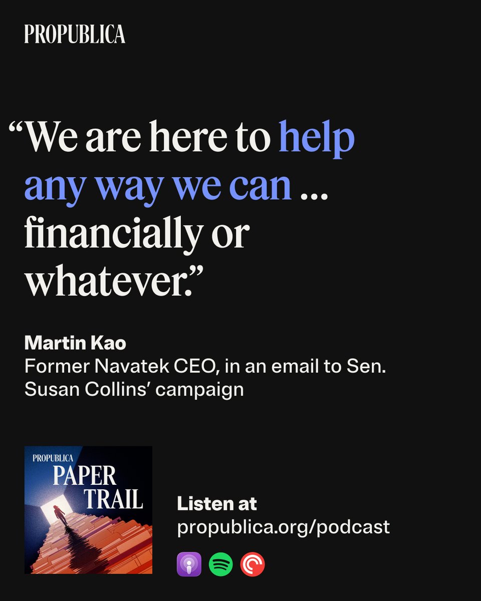 propublica's tweet photo. When more than $20 million of defense contractor Navatek’s priorities made its way into the defense budget, CEO Martin Kao seemed to thank Susan Collins for making it happen. And it appeared he was keen to return the favor. 

Listen to the full episode: https://t.co/Hw1HBXhwHO https://t.co/u2S5gD8ux8