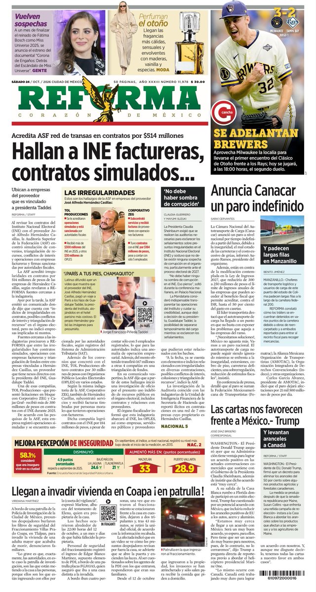 LuisCardenasMx's tweet photo. 🚨 ¡Hallan factureras y contratos simulados por 514 millones de pesos en el INE!

Una investigación de REFORMA revela que la Auditoría Superior de la Federación detectó una red de empresas vinculadas con José Alfredo Hernández Casillas, proveedor relacionado con la presidenta del @INEMexico, Guadalupe Taddei.

La ASF identificó presuntas irregularidades por 514 millones de pesos, entre ellas facturas falsas, contratos simulados y operaciones con empresas factureras.

‼️ El reportaje también señala que una de las empresas vinculadas al proveedor recibió más de 300 millones de pesos en contratos del INE.

Fuente: REFORMA | 24 de octubre de 2026.