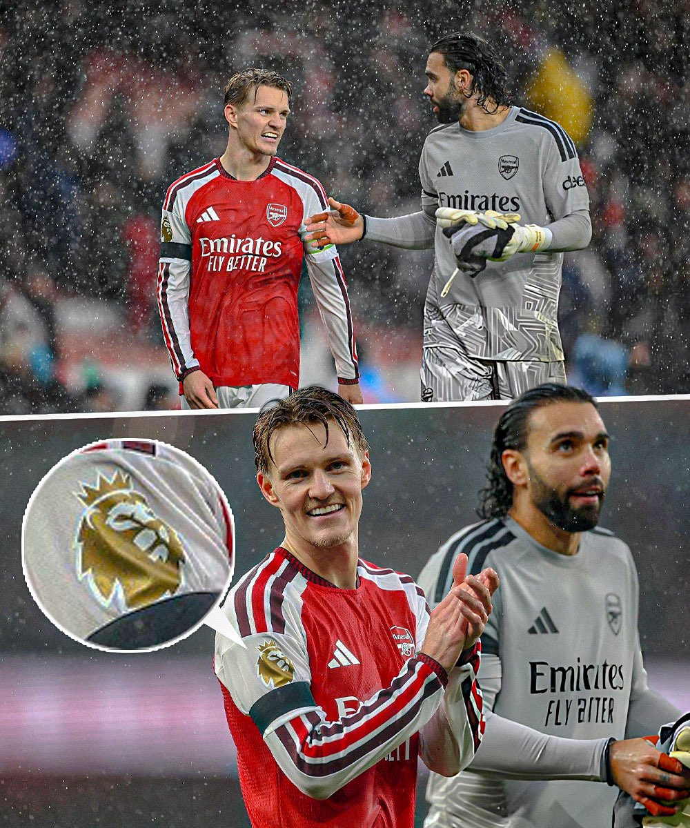 now_arsenaI's tweet photo. Martin Ødegaard and David Raya after the victory over Everton this afternoon.

Just a reminder… what colour is the badge?👀 https://t.co/B2mPjJ8ibd